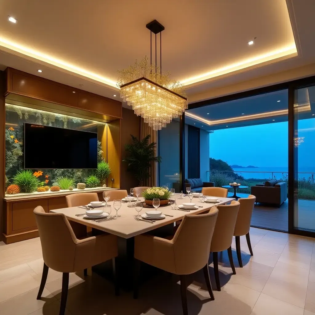 a photo of a luxurious dining room with a built-in aquarium and TV combo