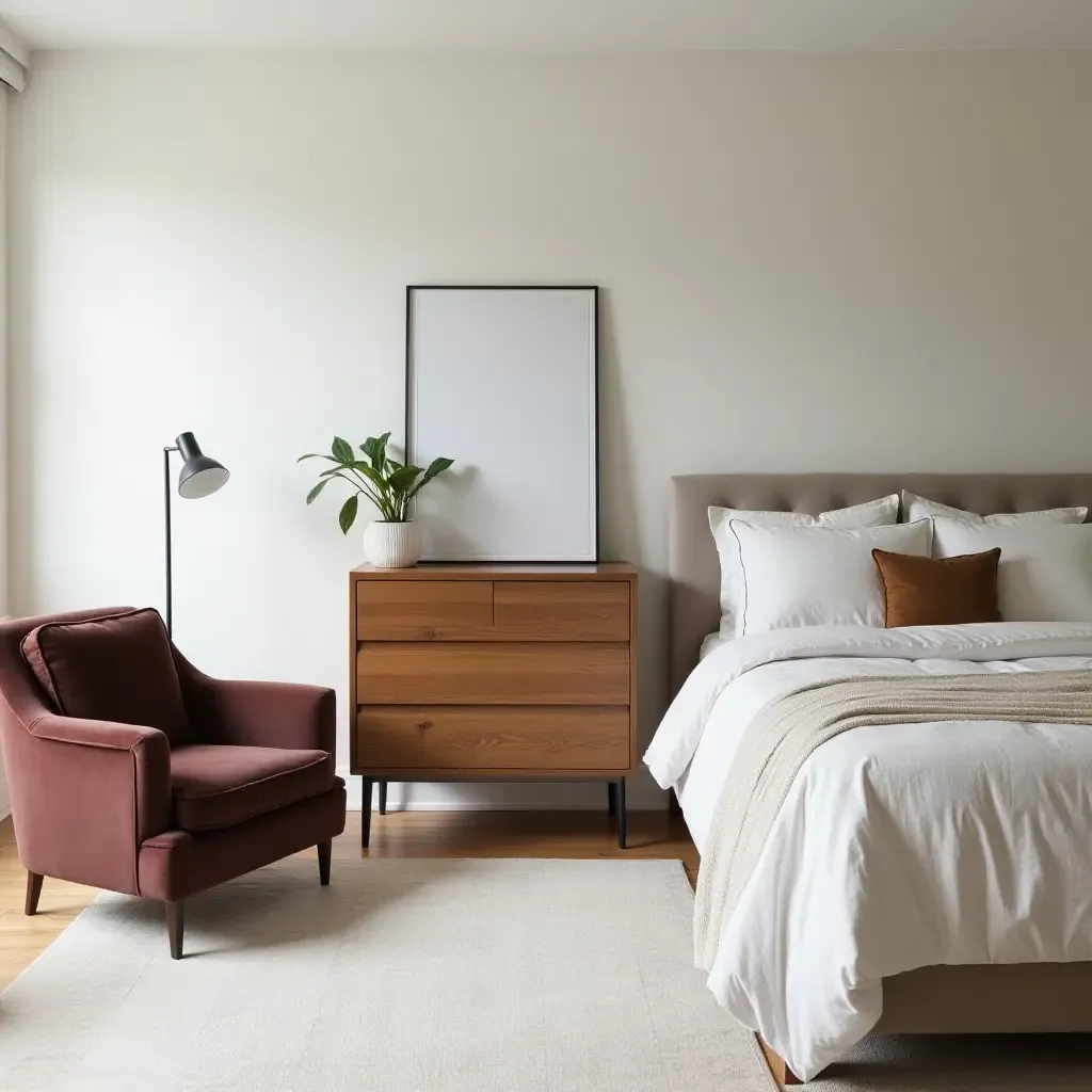 a photo of a chic bedroom featuring a velvet armchair, wooden dresser, and linen bed linens