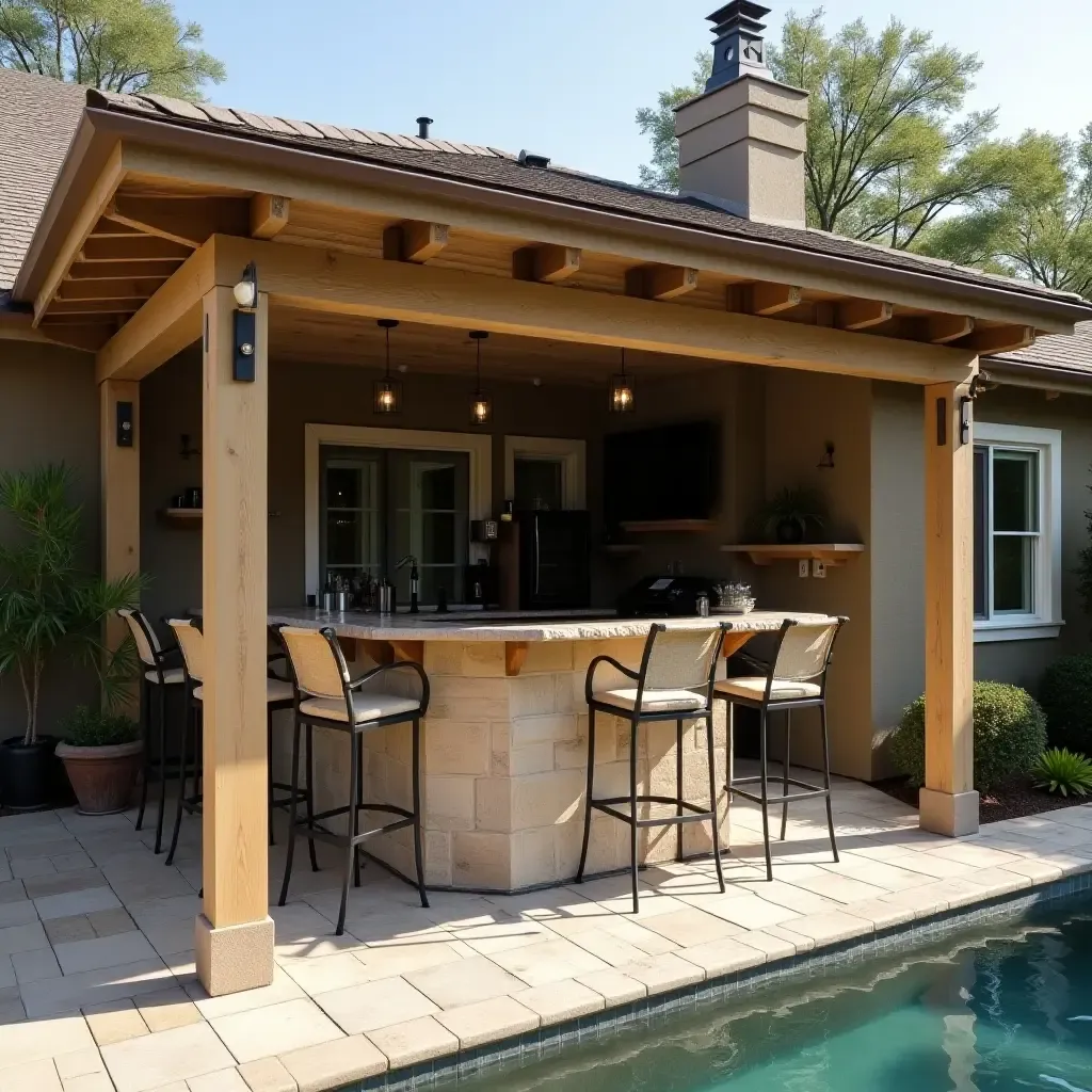 a photo of a detached covered patio with a bar area and high-top stools