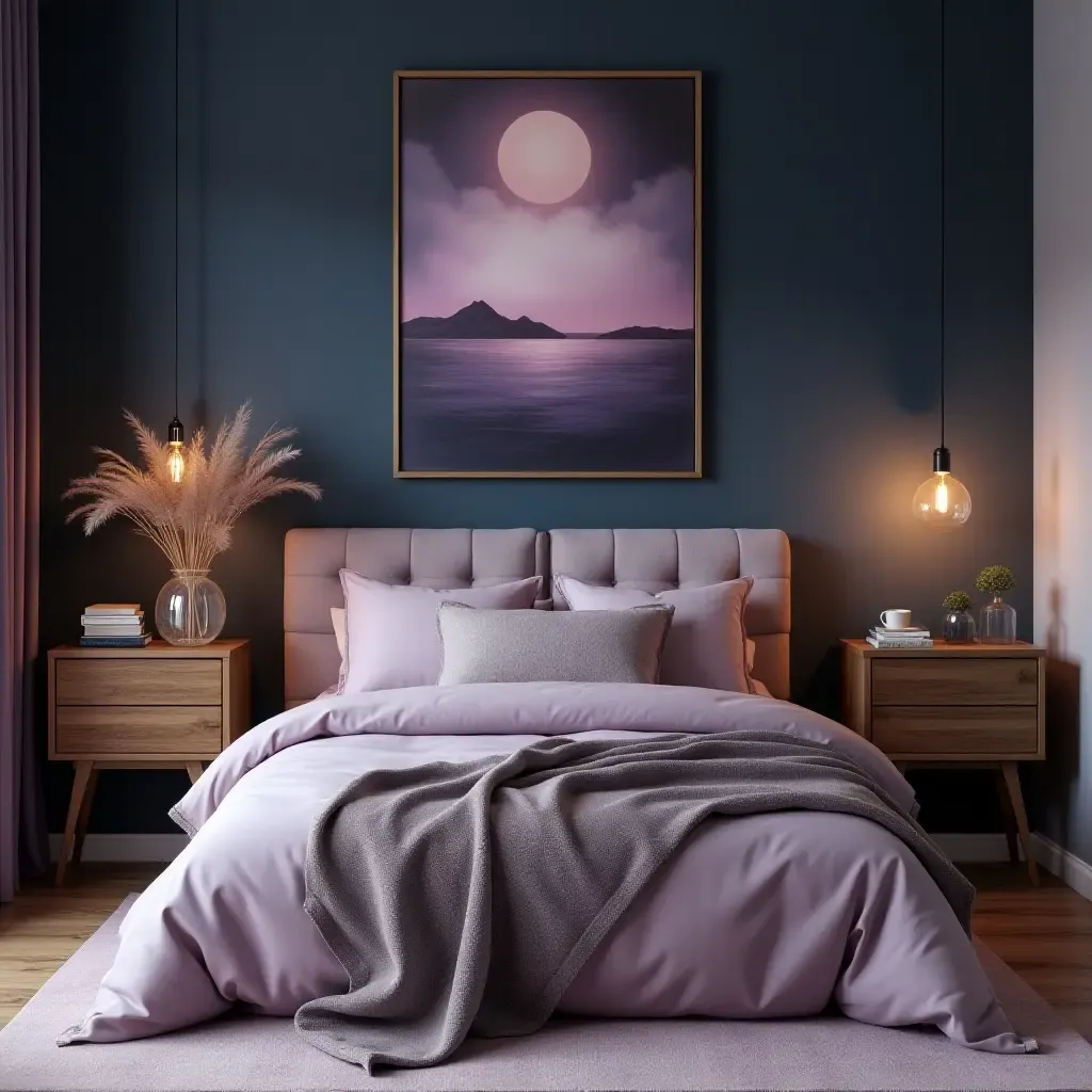 a photo of a cozy lavender and deep navy bedroom with unique wall art