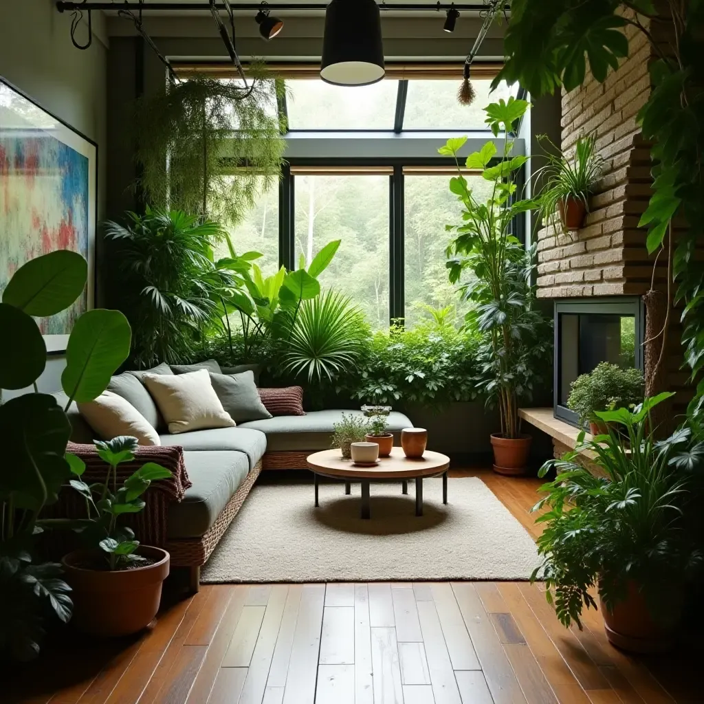 a photo of a serene basement green space with indoor plants