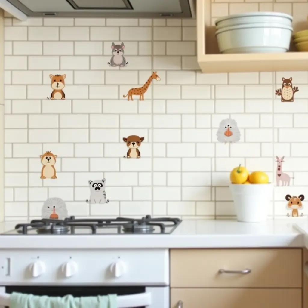 a photo of a playful animal-themed tile backsplash in a family-friendly kitchen