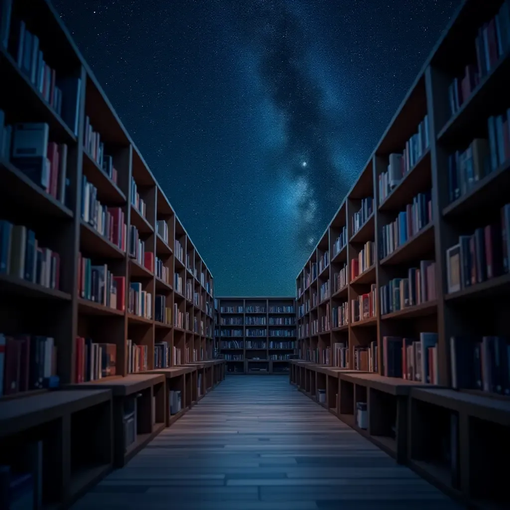 a photo of a library with a dreamy, starry night theme