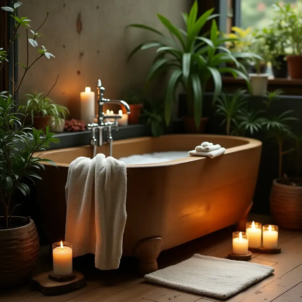 a photo of a rustic wooden bathtub surrounded by plants and candles