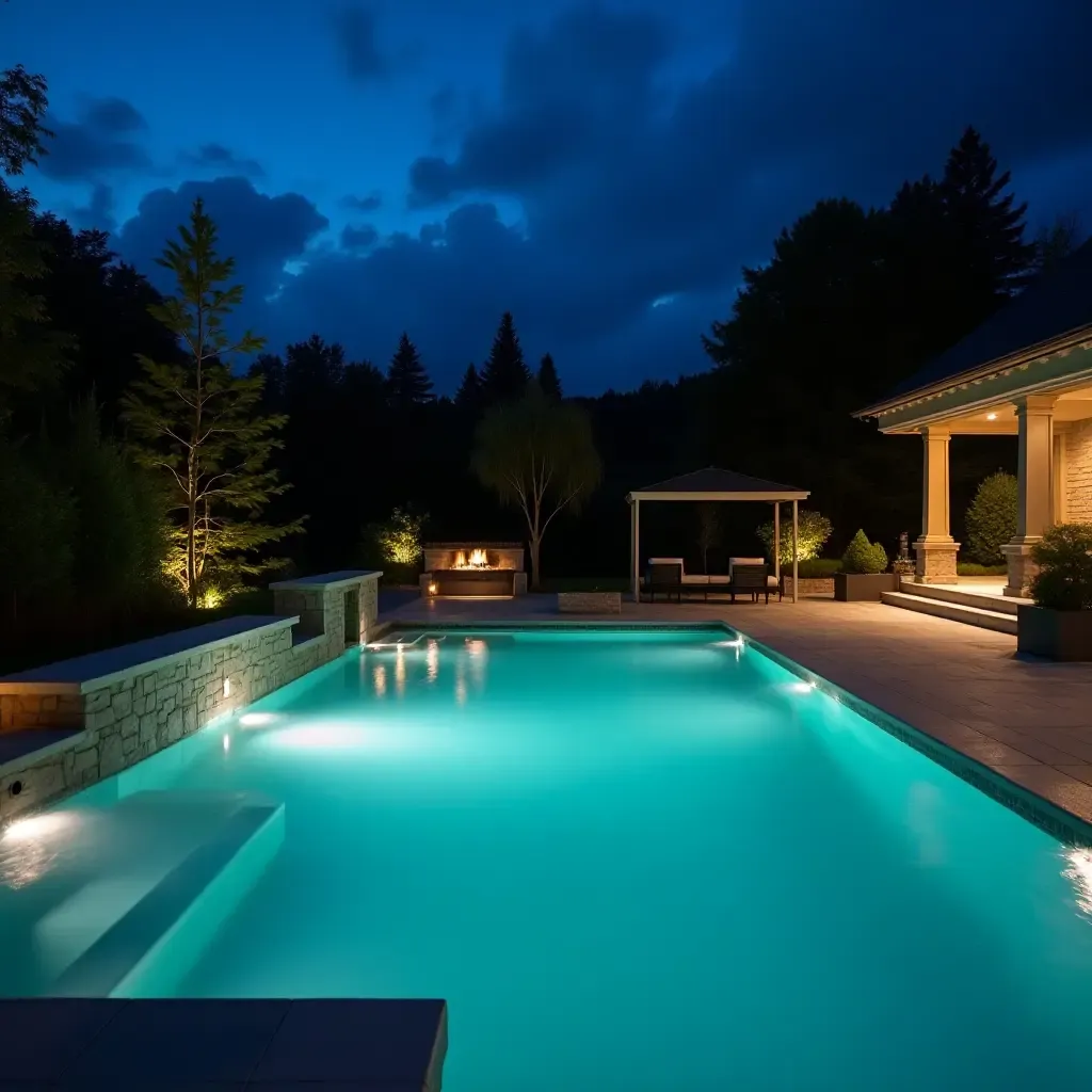 a photo of a contemporary pool with illuminated water features