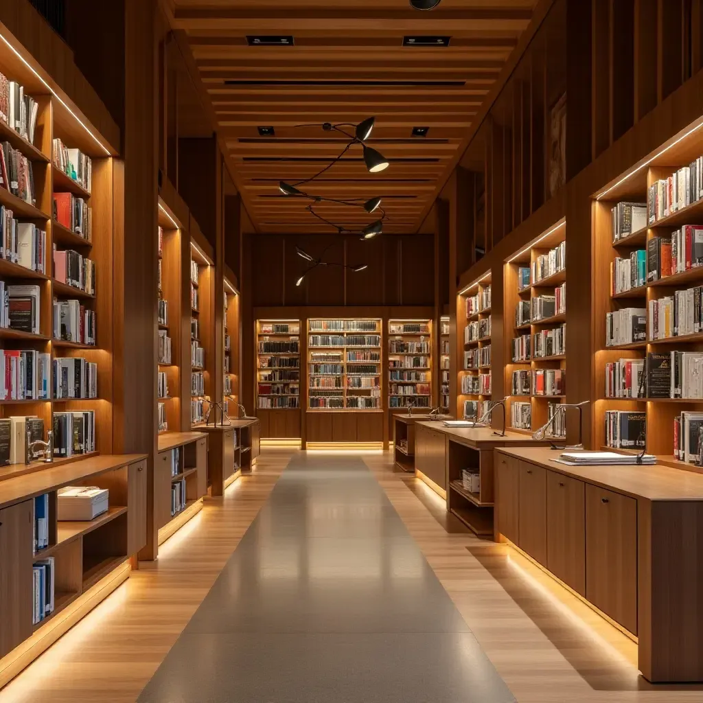 a photo of a library with metallic accents and warm wood tones