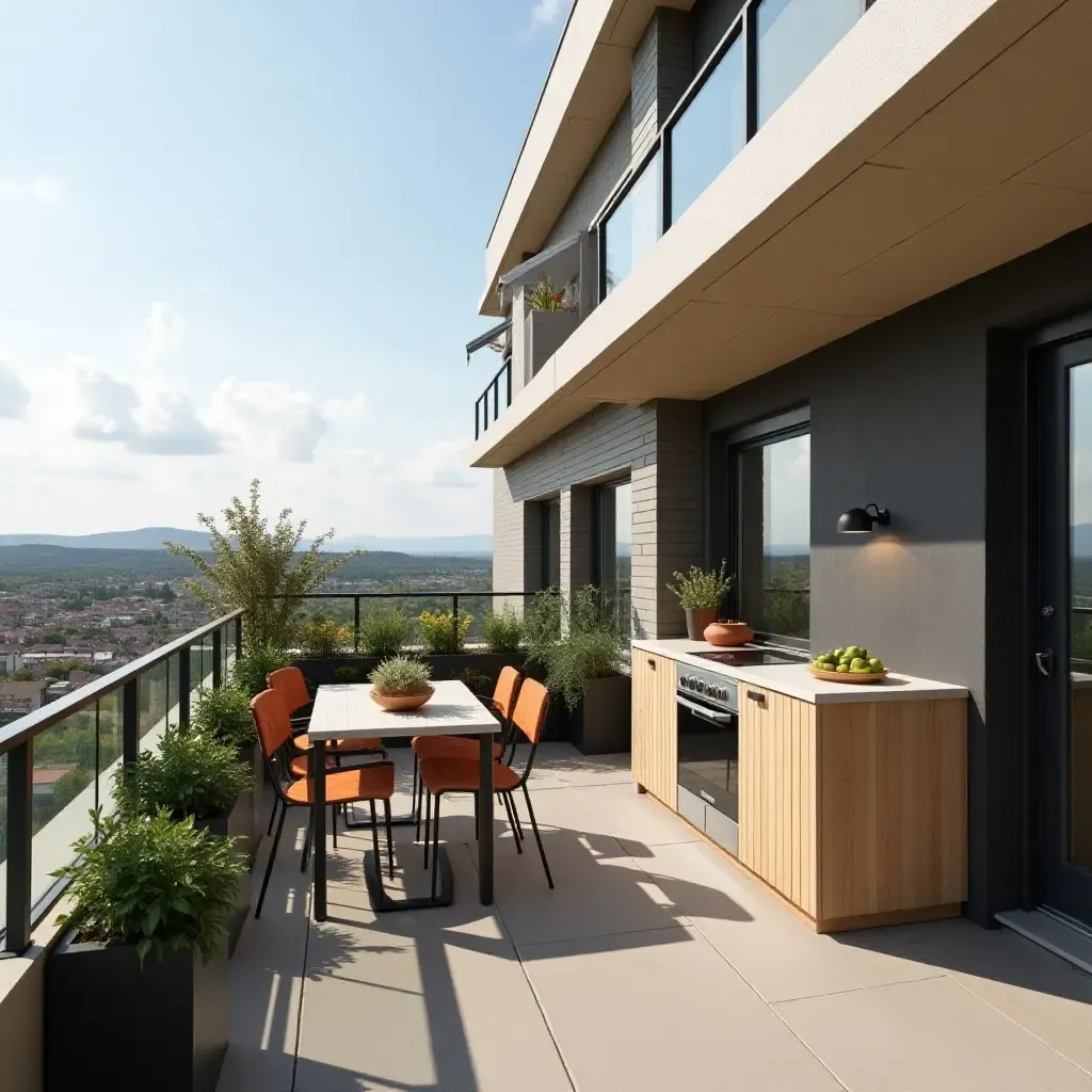 a photo of a balcony with a compact outdoor kitchen and dining space