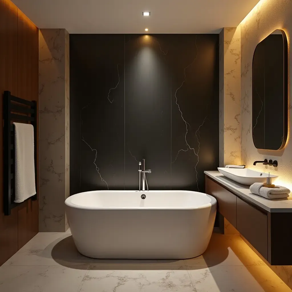 a photo of a modern bathroom with a large soaking tub and mood lighting