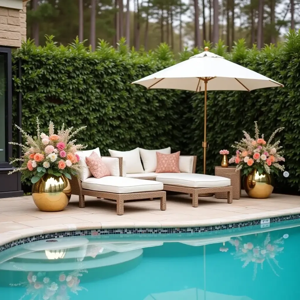 a photo of a glamorous poolside setup with metallic accents and floral arrangements