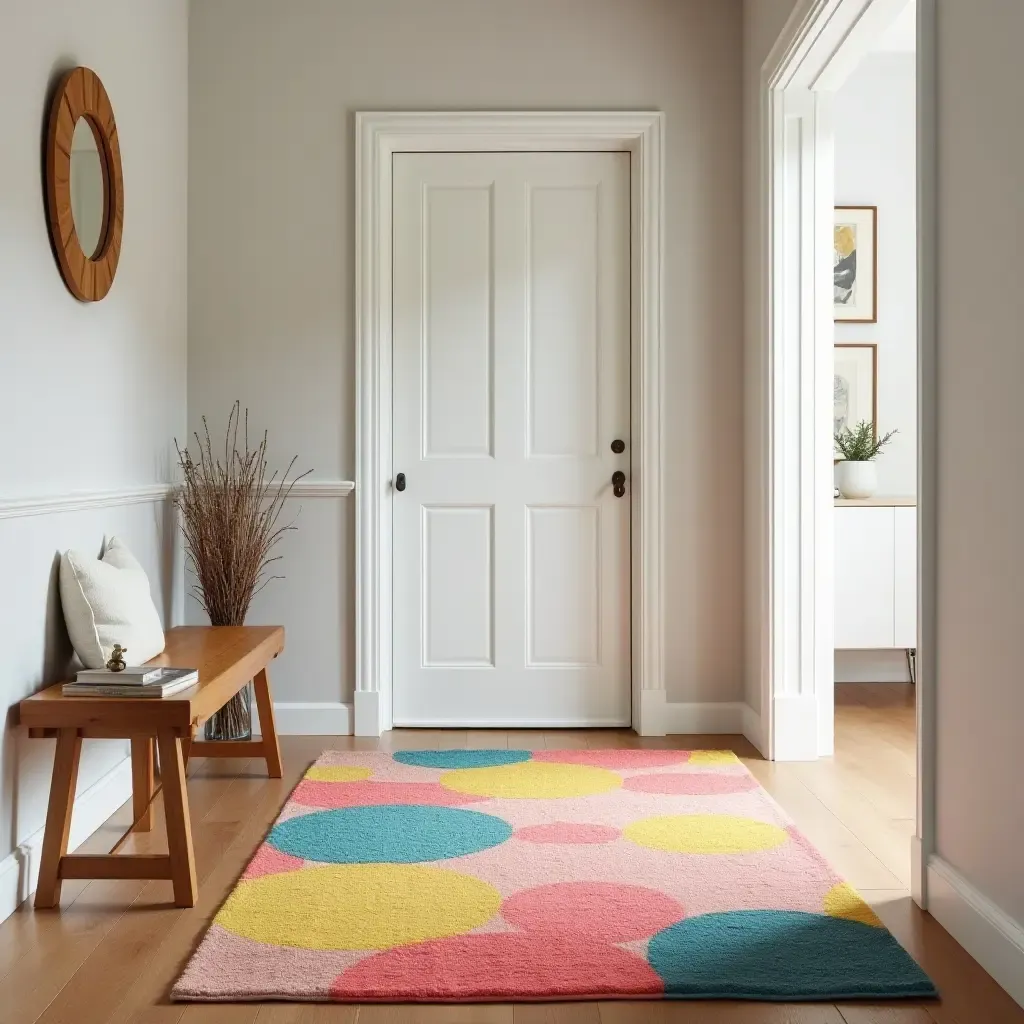 a photo of a bright and colorful rug with fun patterns in a children&#x27;s entryway