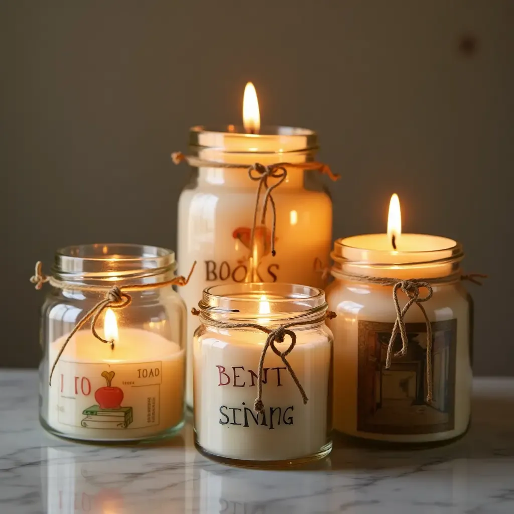 a photo of decorative jars filled with book-themed candles