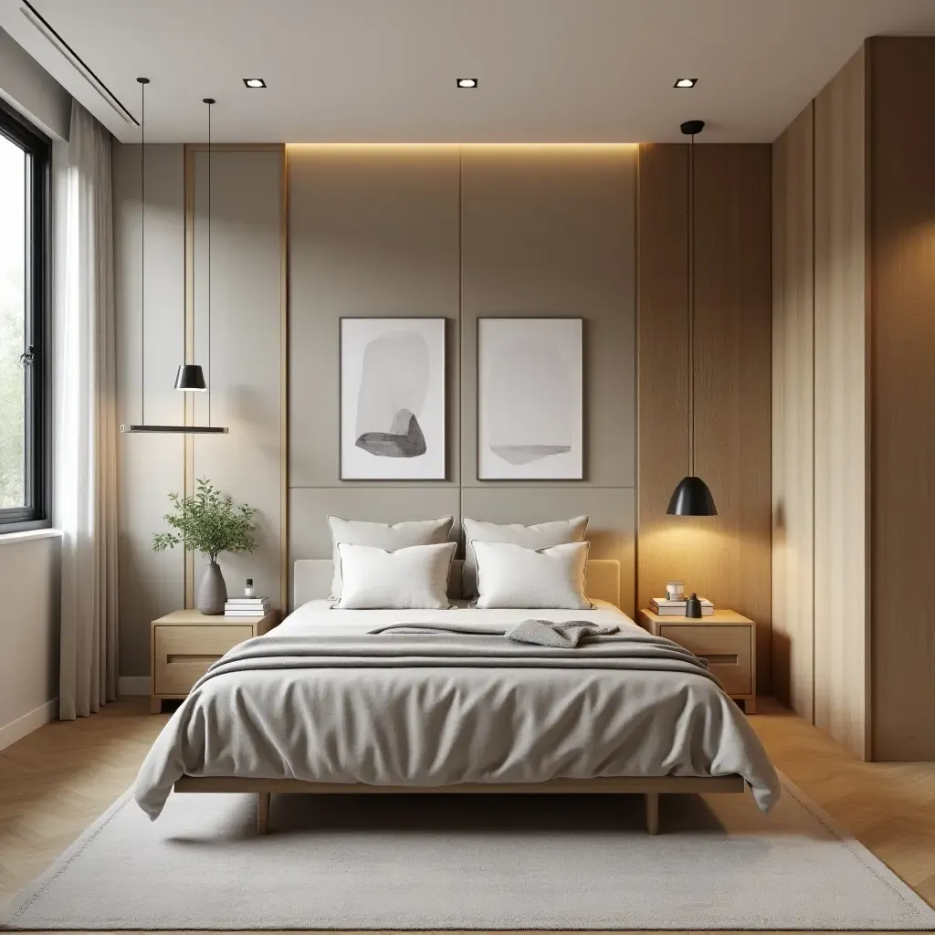 a photo of a shared bedroom with a geometric layout and stylish decor