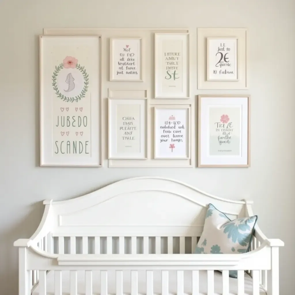 a photo of a whimsical nursery gallery wall with fairy tale quotes