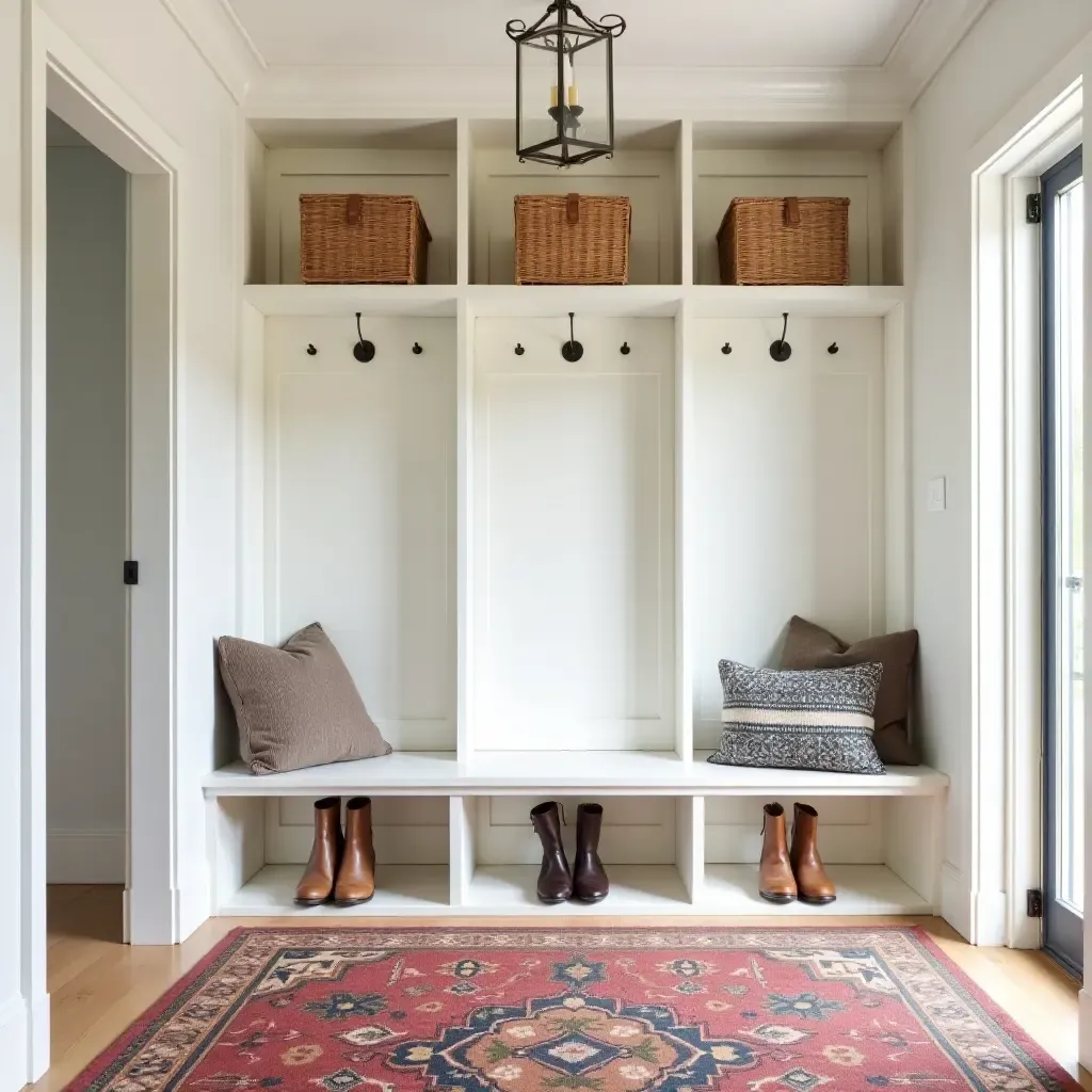 a photo of a bright mudroom with a colorful rug and organized storage