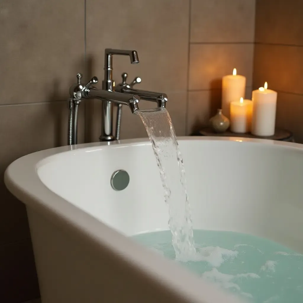 a photo of a freestanding tub with a waterfall faucet and candles