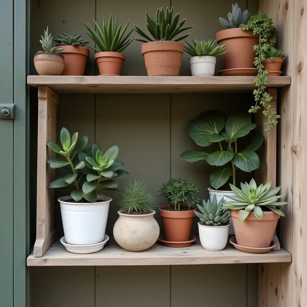 a photo of a rustic wooden poolside shelf with potted succulents