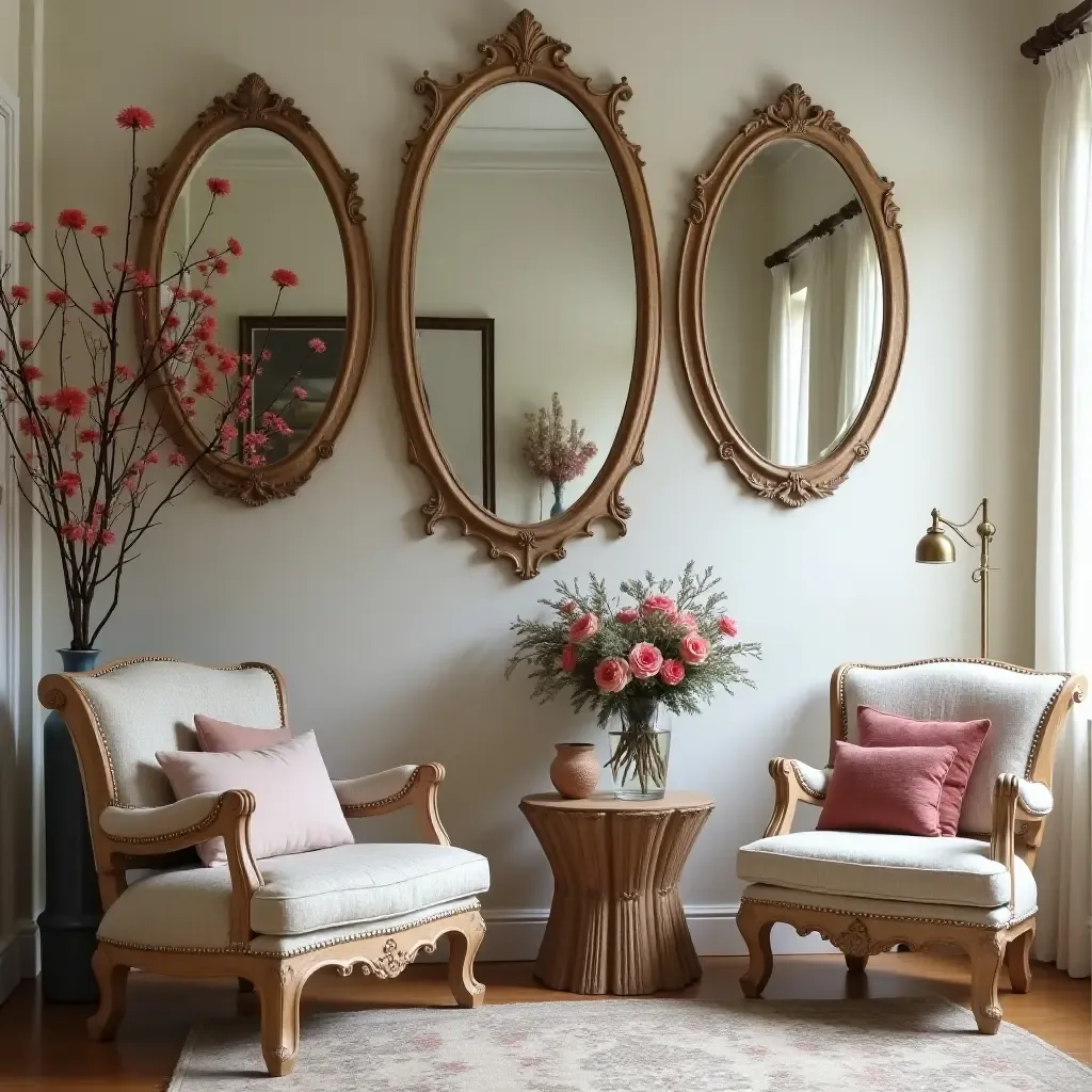 a photo of a charming space with antique mirrors and floral arrangements