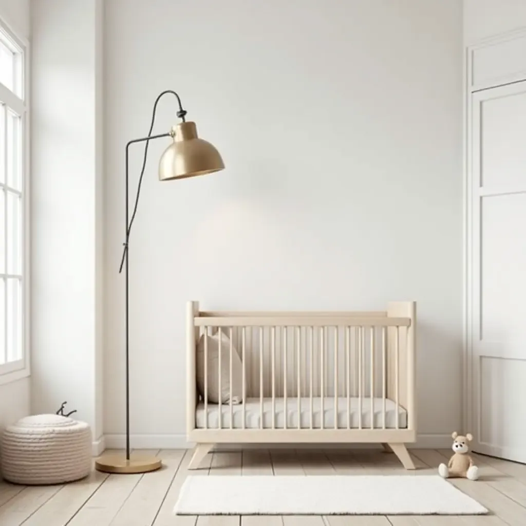 a photo of a serene nursery with metal light fixtures and soft rugs