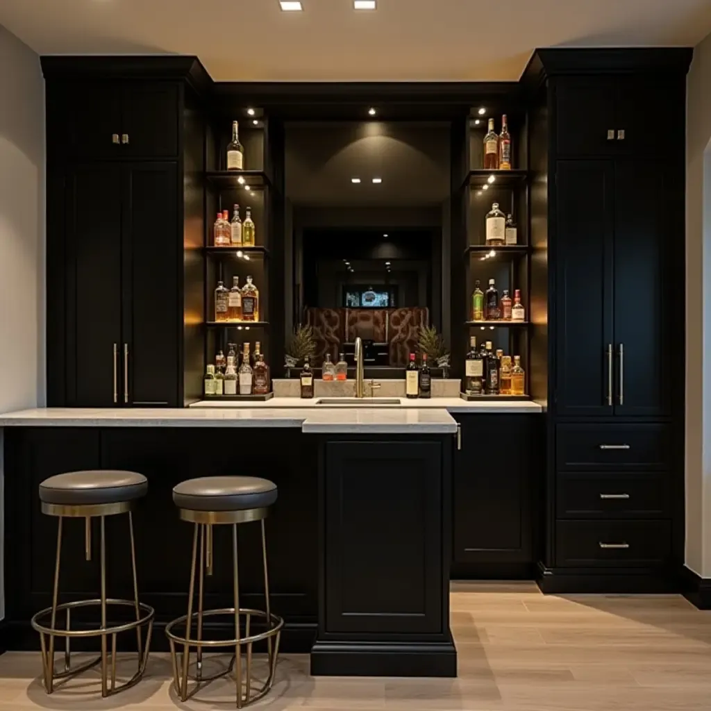 a photo of a modern basement bar with sleek black cabinets and gold accents