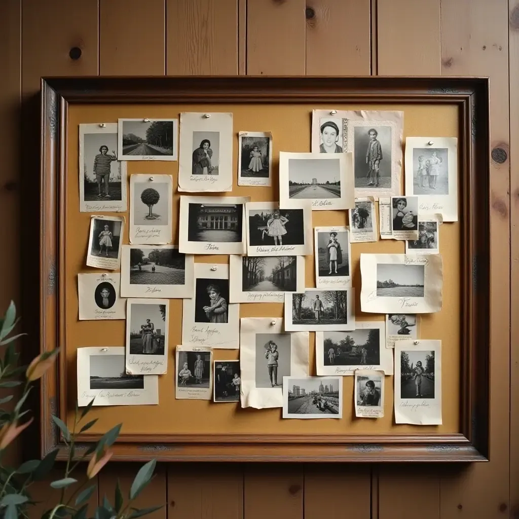 a photo of a vintage bulletin board filled with photos and memories