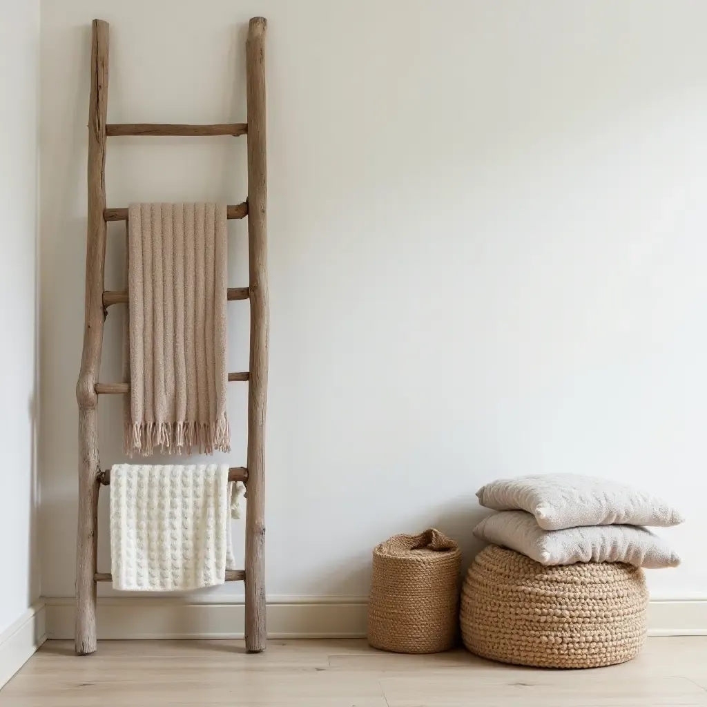 a photo of a charming entryway with a rustic ladder and decorative blankets