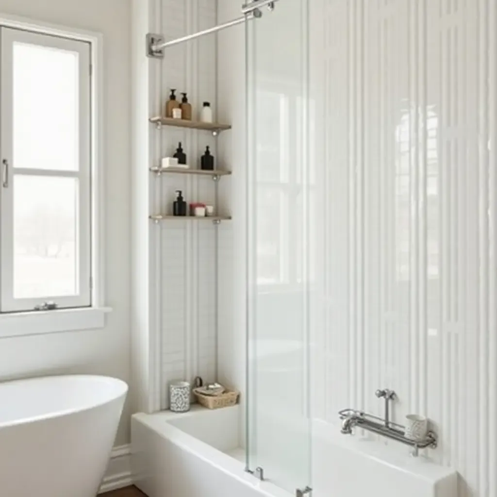 a photo of a bathroom with a stylish shower caddy for organization