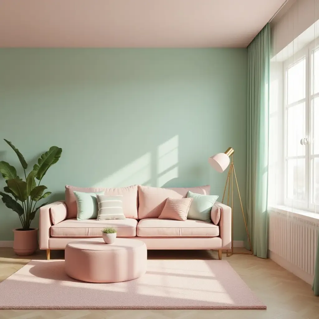 a photo of a playful living room with pastel pink and mint green