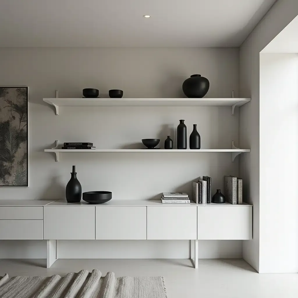 a photo of minimalist open shelves featuring monochrome decor and sleek lines