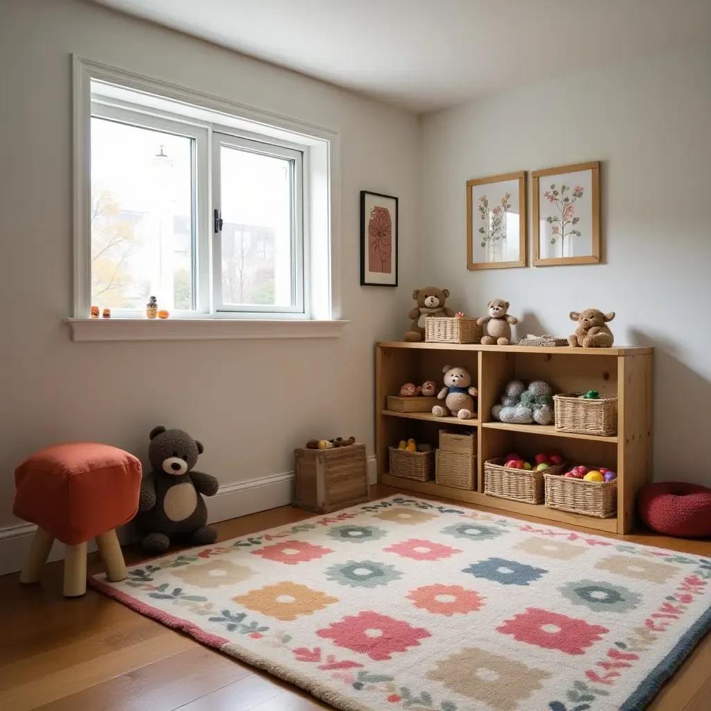 a photo of a basement playroom with handmade toys and colorful rugs