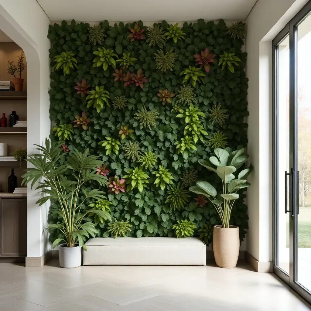 a photo of a colorful vertical garden wall in a chic entryway