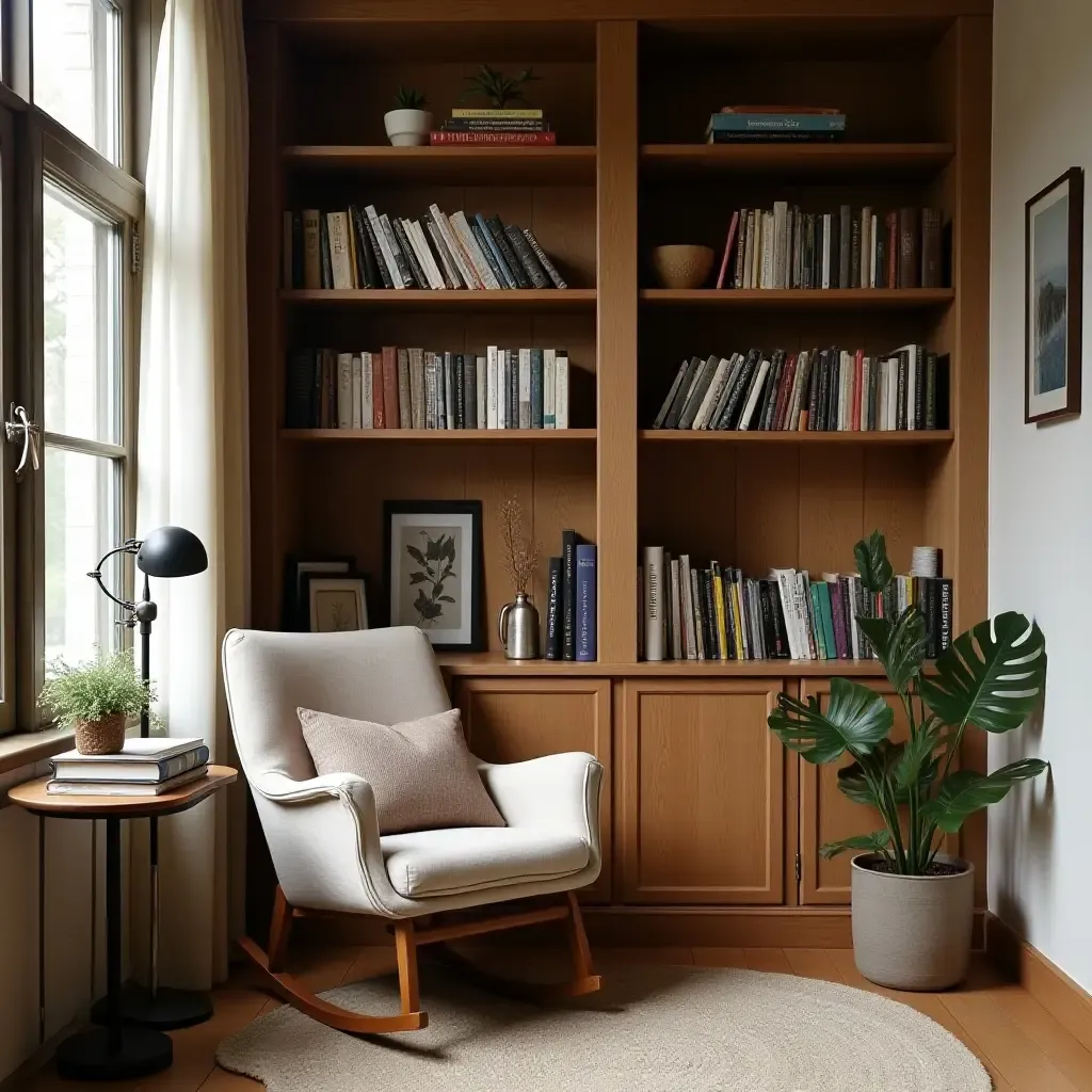 a photo of a reading nook with a vintage rocking chair and bookshelves