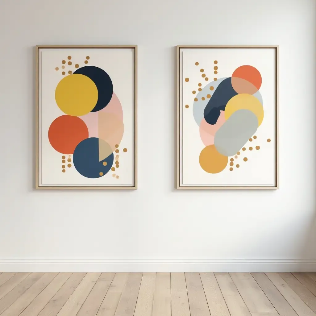 a photo of a gallery wall with colorful abstract art and playful shapes