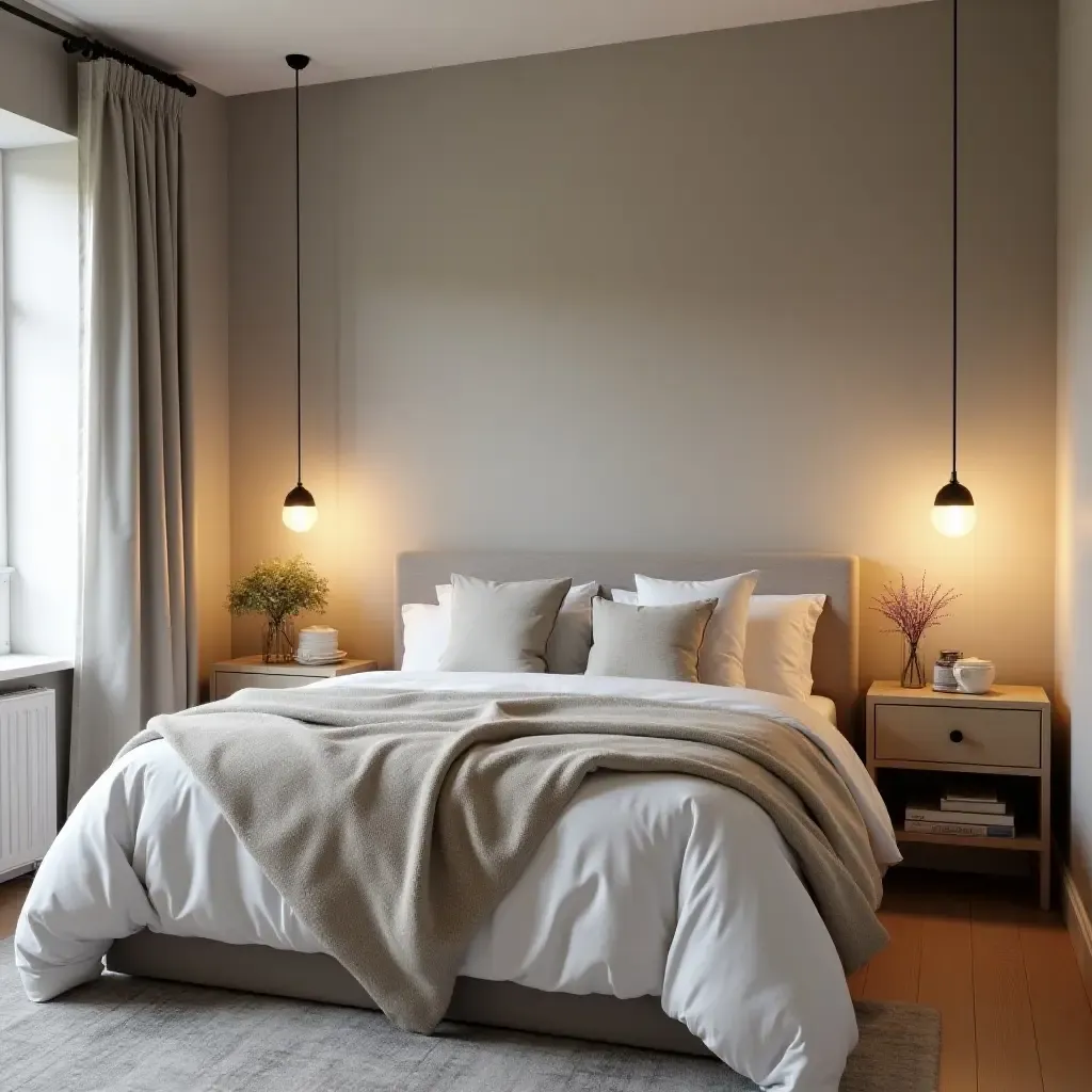 a photo of a small bedroom with space-saving pendant lights for functionality