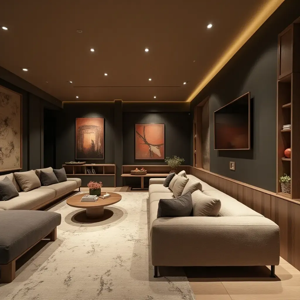 a photo of a basement with a modern aesthetic and comfortable furnishings