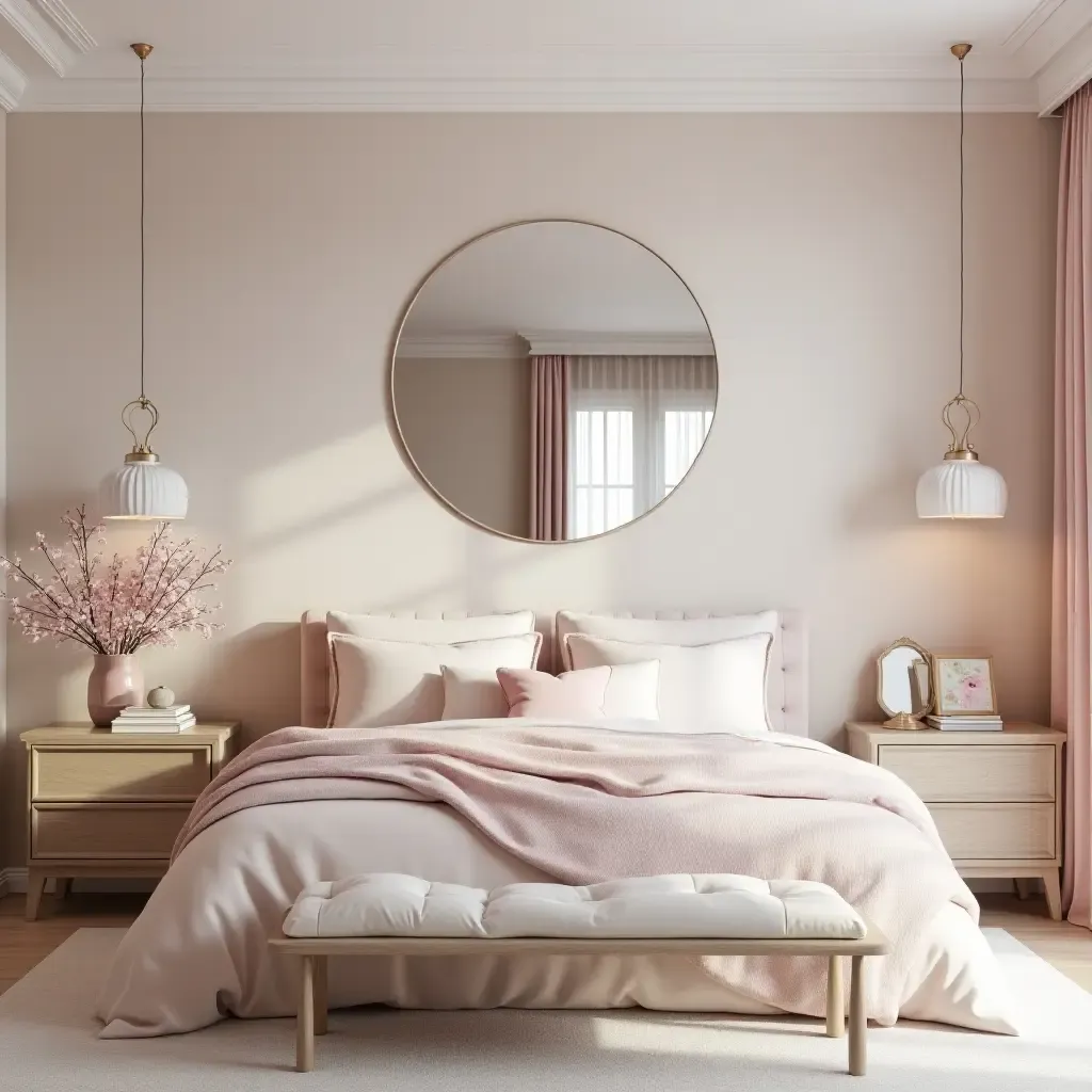 a photo of a romantic bedroom with mirrored decor and pastel hues