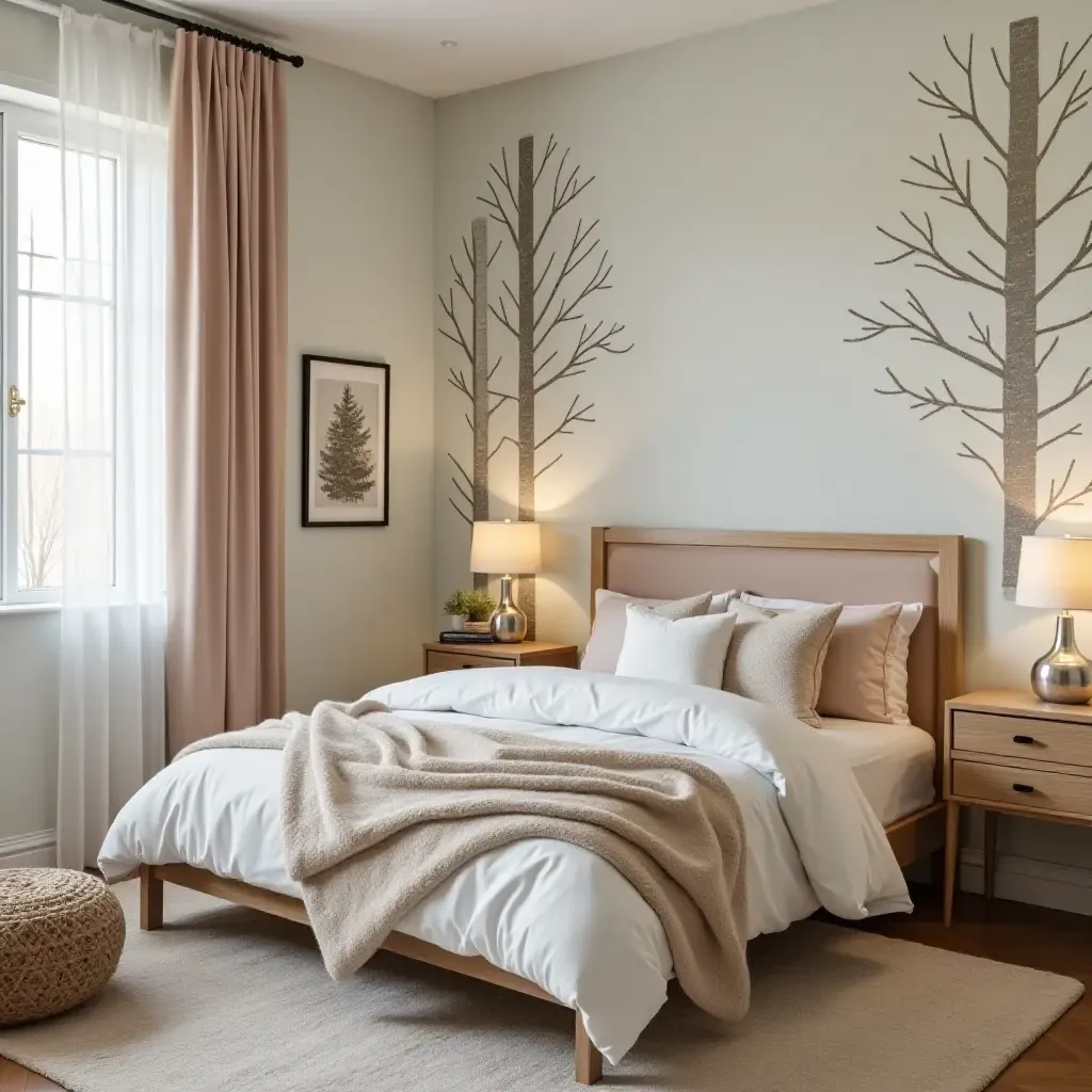 a photo of a charming woodland-themed bedroom with tree decor