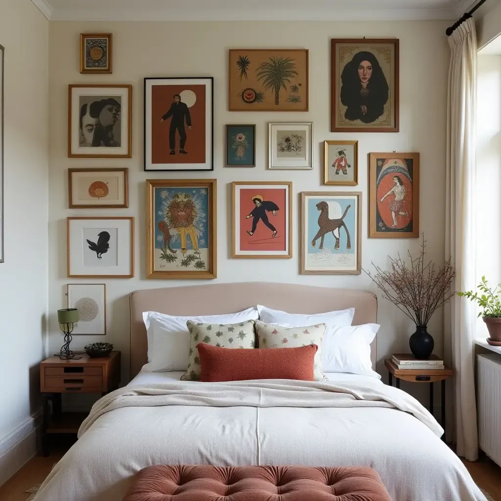 a photo of a bohemian bedroom adorned with a gallery wall of eclectic art pieces