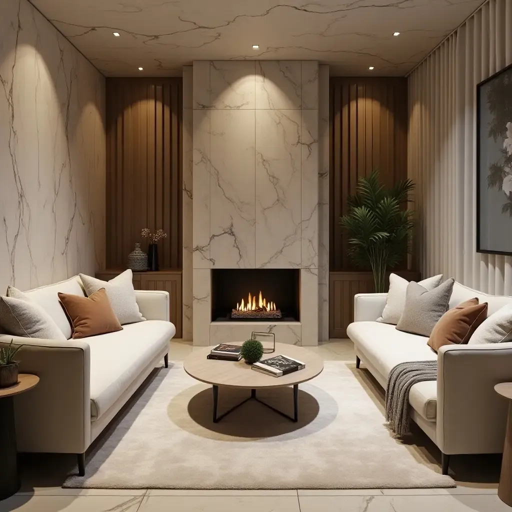 a photo of a cozy basement lounge with marble decor elements