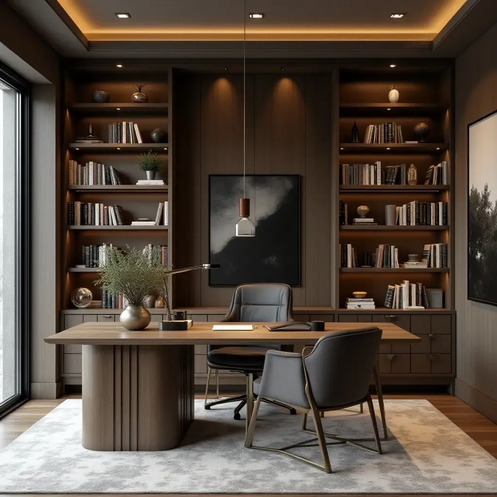 a photo of a stylish home office library with metallic elements