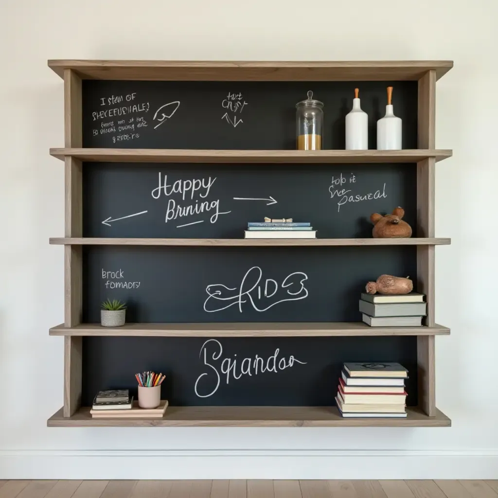 a photo of a chalkboard-painted shelf for kids to draw and write on