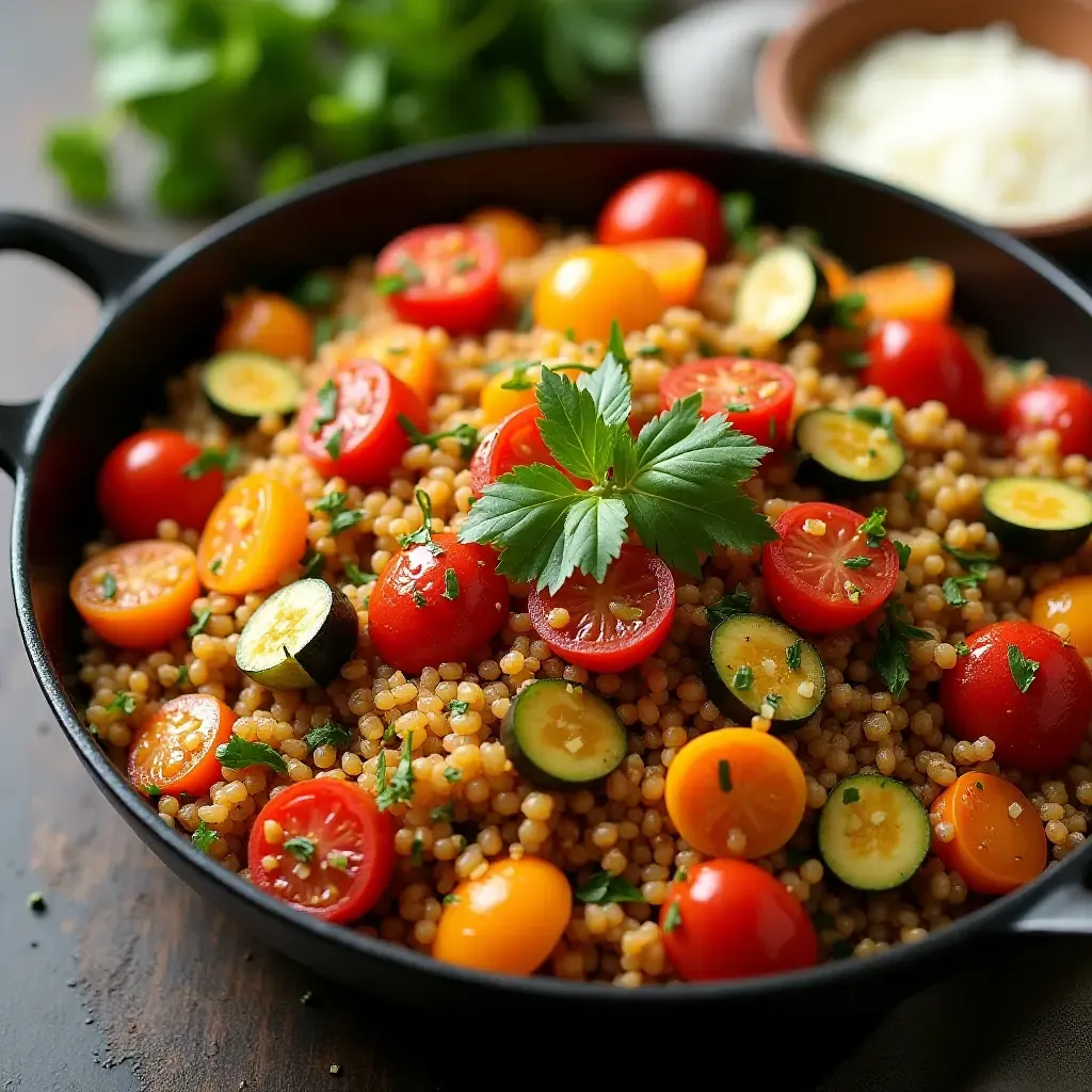 a photo of paella with quinoa and roasted vegetables, healthy alternative.