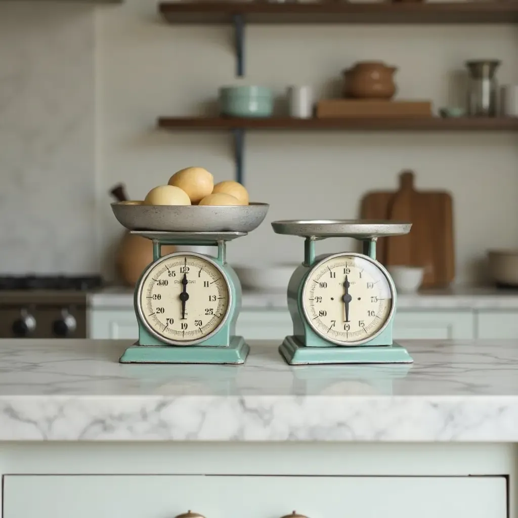 a photo of retro kitchen scales on a marble island