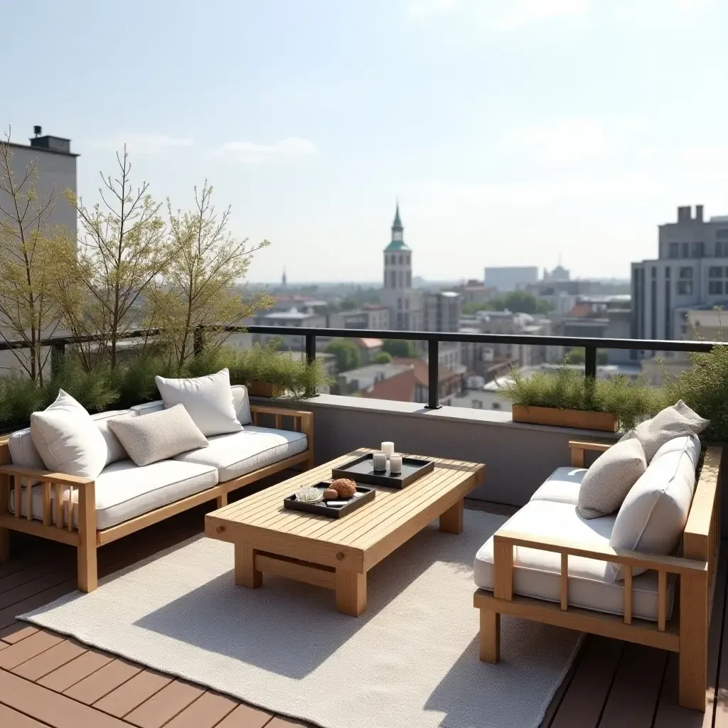 a photo of a rooftop balcony with Scandinavian decor, including a wooden table and soft cushions