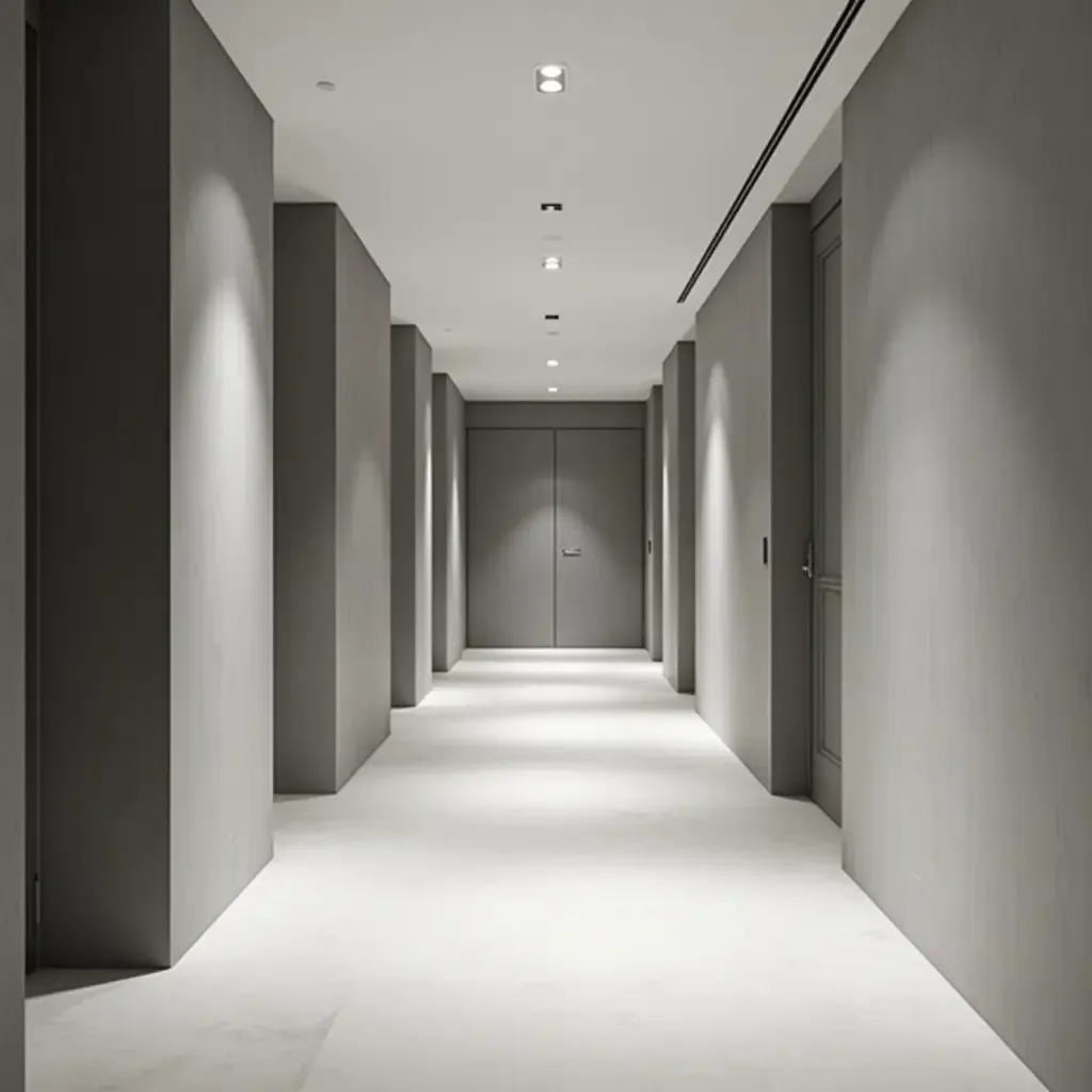 a photo of a minimalist corridor with a monochrome palette and subtle textures