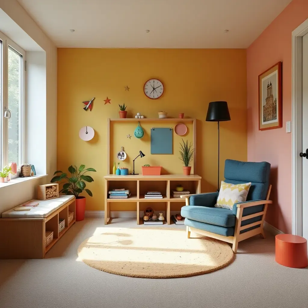 a photo of a family-friendly basement playroom with colorful decor and interactive elements