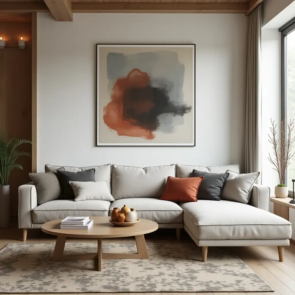 a photo of a living room featuring a combination of modern art and rustic decor