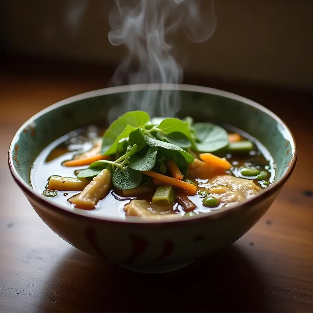 a photo of a fragrant bowl of Kaeng Khae, herbal broth with chicken, vegetables, and wild betel leaves.