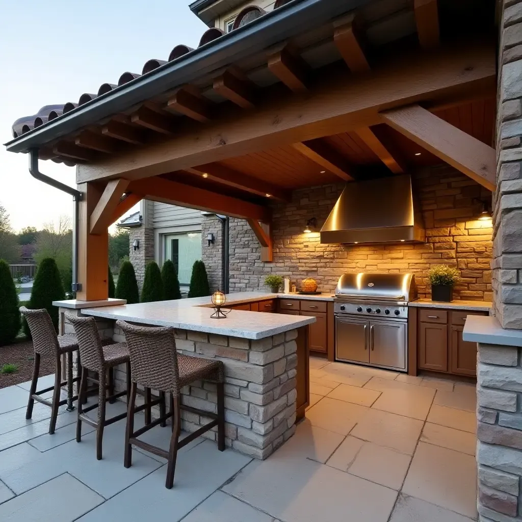 a photo of a unique outdoor kitchen with a built-in grill and bar seating