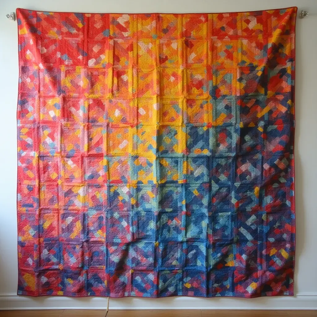 a photo of a colorful quilt displayed as wall art