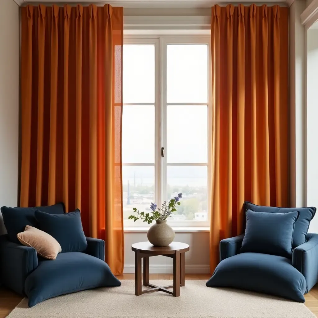 a photo of elegant orange curtains paired with navy cushions